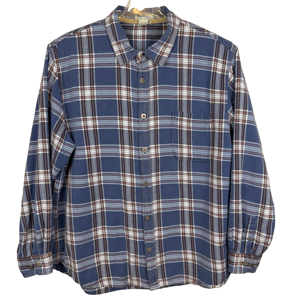 Carbon 2 Cobalt Flannel Shirt Size XL Blue Orange Plaid Outdoor Hiking Camping